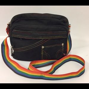 Rainbow stripe Strap Crossbody Purse Black Denim