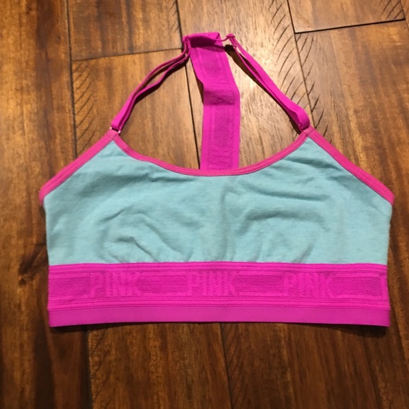 Teal and neon pink VS PINK sports bra