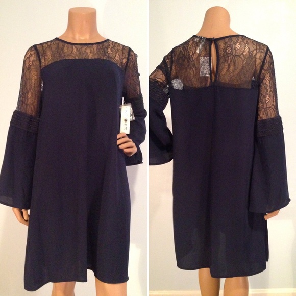 Tacera Dresses & Skirts - NWT Navy Lace and Bell Sleeve Dress