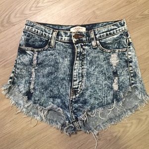 Distressed acid-wash high waist jean shorts