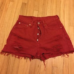 Vintage 90s Levi Red Denim Frayed High Waist Short