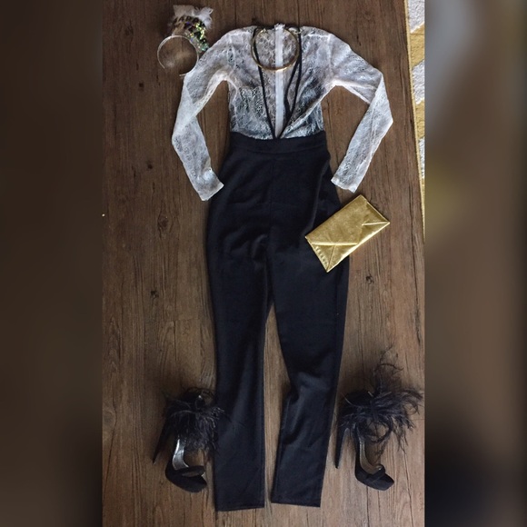 Missguided Pants - MISSGUIDED // White Black Lace Deep V jumpsuit uk6 Missguided Pants - MISSGUIDED // White Black Lace Deep V jumpsuit uk6