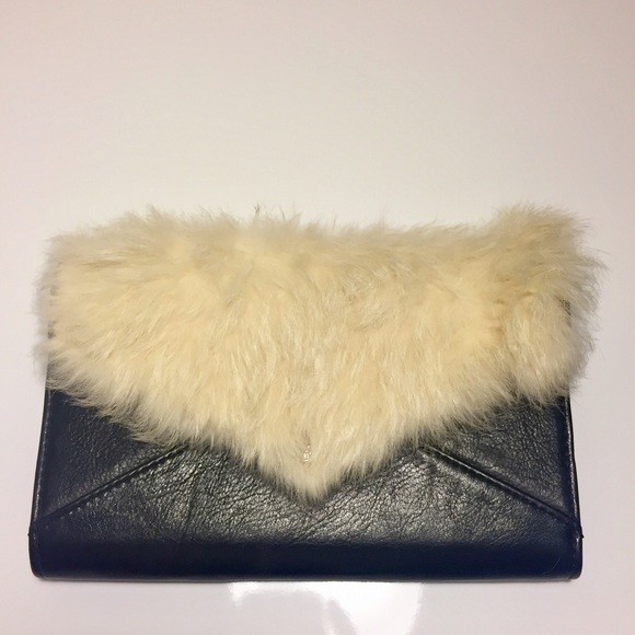 Rebecca Minkoff Black Leather Clutch w/ White Fur