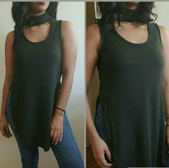 🍃CLEARANCE🍃GREEN RIBBED SLIT CHOKER TOP - Picture 4 of 4