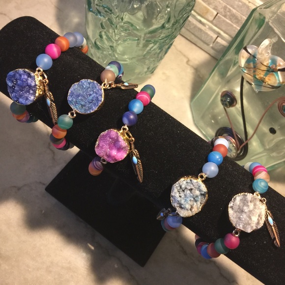 Brilliantly Colored Agate Beads and Druzy Charm - Picture 2 of 3
