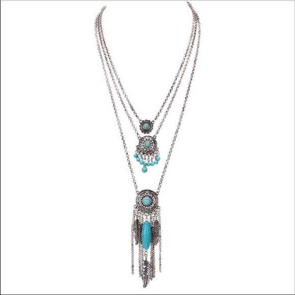 SILVER & TURQUOISE BOHO SOUTHWEST NECKLACE - Picture 2 of 4