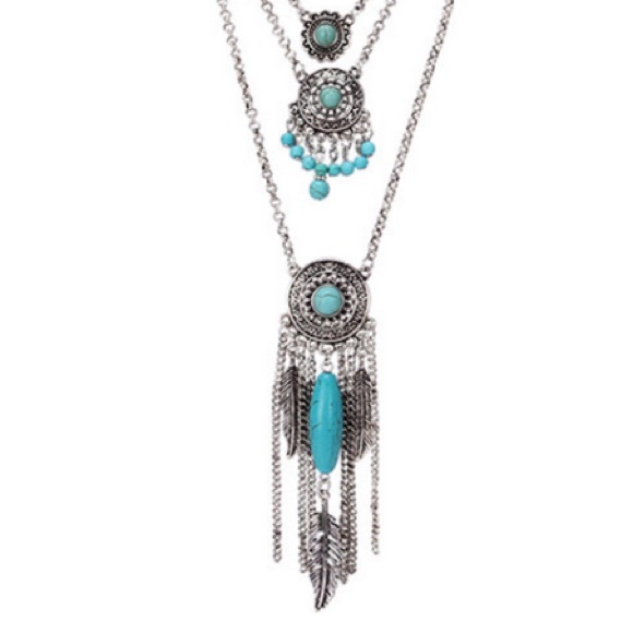 SILVER & TURQUOISE BOHO SOUTHWEST NECKLACE - Picture 3 of 4