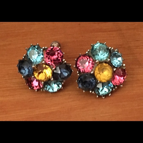 VINTAGE SILVER MULTI COLORS SCREW ON EARRINGS - Picture 2 of 2