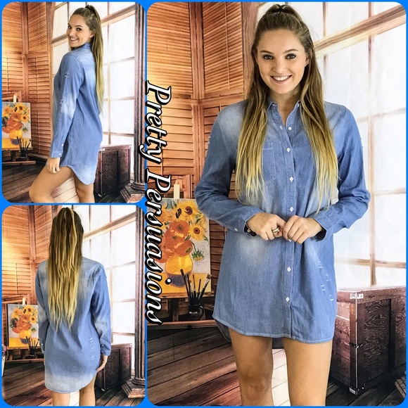 SOLD Distressed Washed Denim Shirt Dress Tunic - Picture 2 of 4