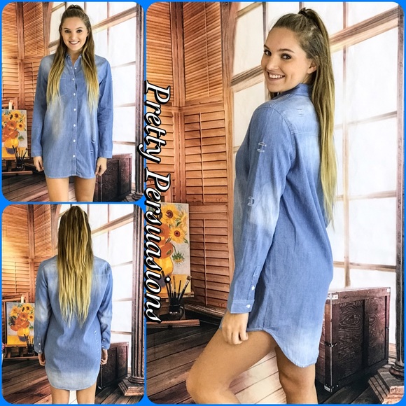 SOLD Distressed Washed Denim Shirt Dress Tunic - Picture 3 of 4