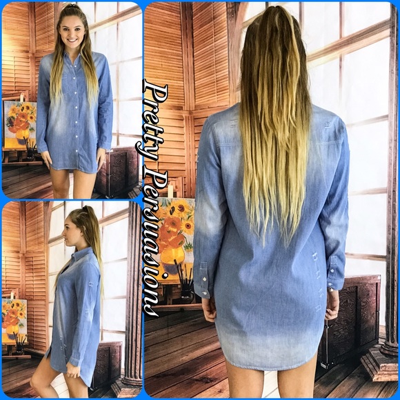 SOLD Distressed Washed Denim Shirt Dress Tunic - Picture 4 of 4