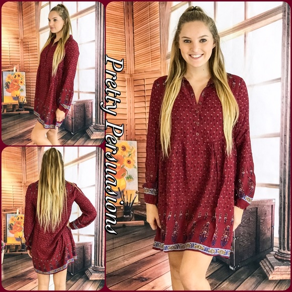 SOLD NWT Wine Printed Long Sleeve Peasant Dress - Picture 2 of 4