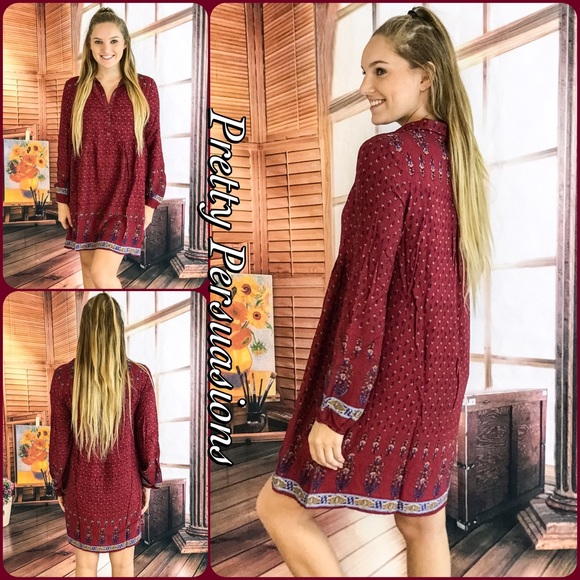 SOLD NWT Wine Printed Long Sleeve Peasant Dress - Picture 3 of 4