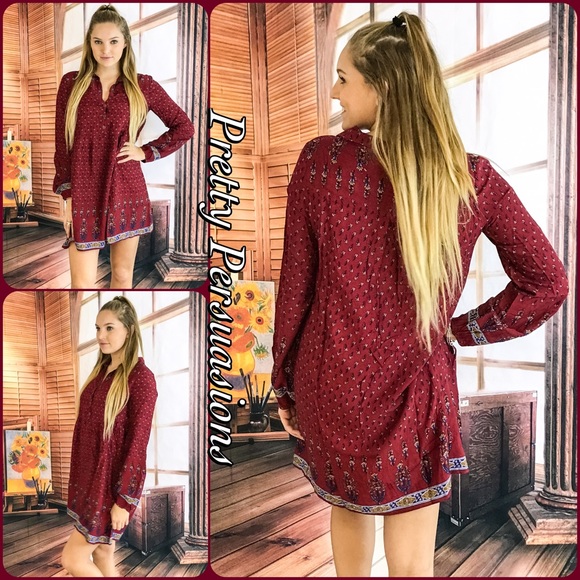 SOLD NWT Wine Printed Long Sleeve Peasant Dress - Picture 4 of 4