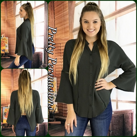 SOLD OUT NWT Green Bell Sleeve Crochet Trim Blouse - Picture 2 of 4