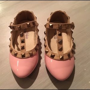 Pink Patent T-Strap Studded Flats