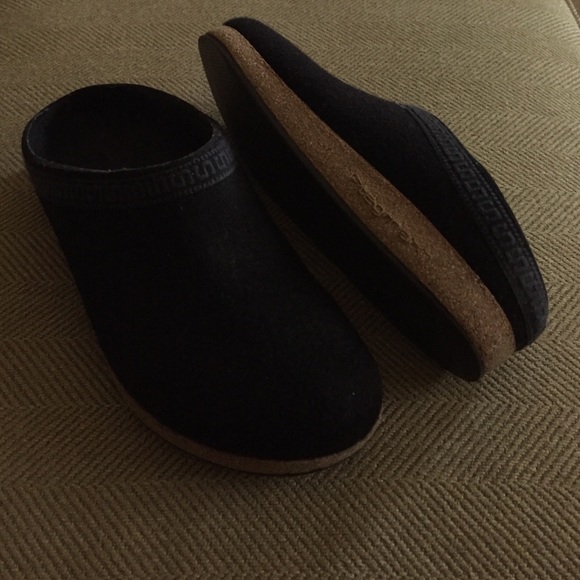 Black felted wool clogs