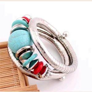 ❌️SOLD Boho Turquoise & Red Beaded Coil Bracelet