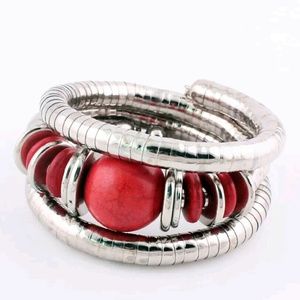 ❌️SOLD Boho Red & Silver Beaded Coil Bracelet