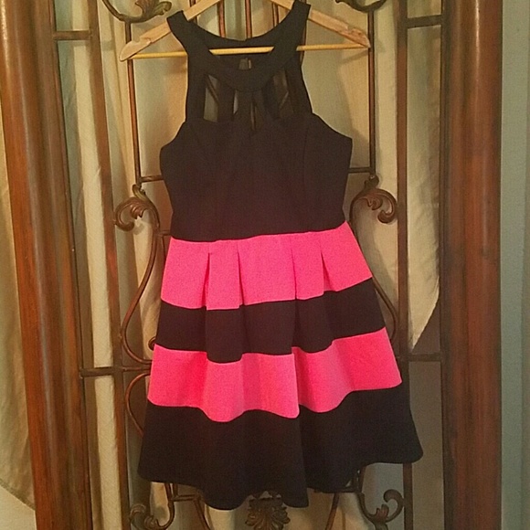 Hot pink & black fit & flare dress