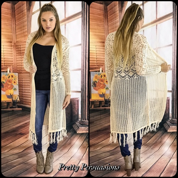 SOLD OUT ‼️ Cream Fringe Hem Knit Maxi Cardigan - Picture 2 of 4