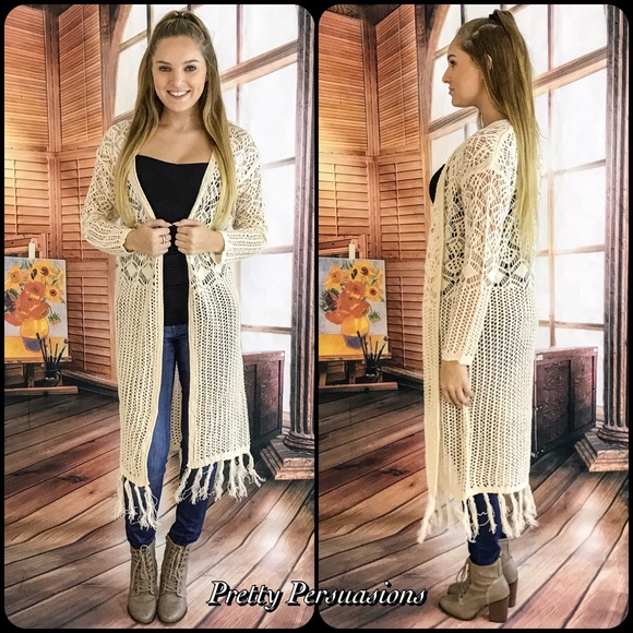 SOLD OUT ‼️ Cream Fringe Hem Knit Maxi Cardigan - Picture 3 of 4