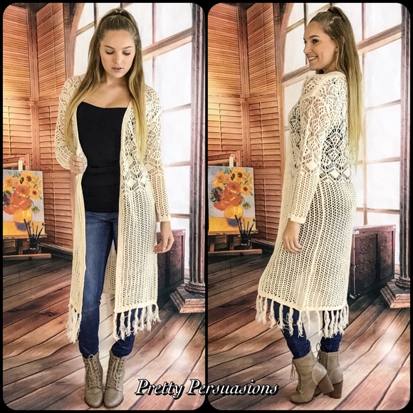 SOLD OUT ‼️ Cream Fringe Hem Knit Maxi Cardigan - Picture 4 of 4