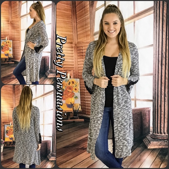 NWT Black Slub Knit Crochet Cuff Long Cardigan - Picture 5 of 8