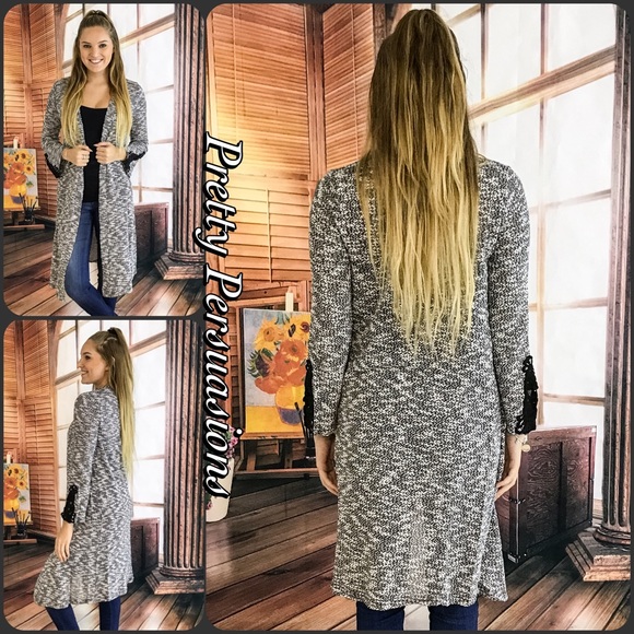 NWT Black Slub Knit Crochet Cuff Long Cardigan - Picture 7 of 8