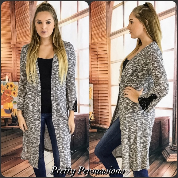 NWT Black Slub Knit Crochet Cuff Long Cardigan - Picture 8 of 8