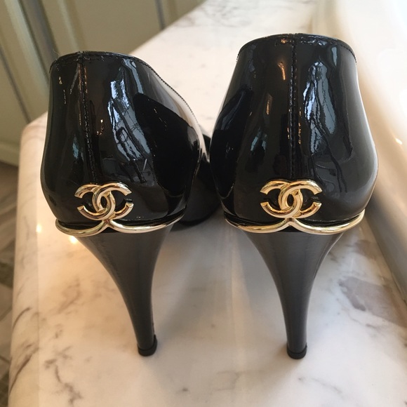 Chanel Black Patent Open Toe pumps