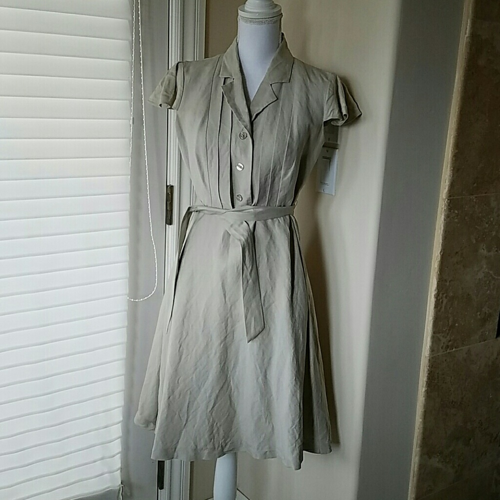 Linen Khaki Cap Sleeve Shirt Dress