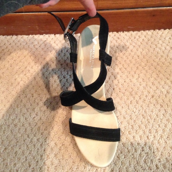Black soft faux leather and cork heels