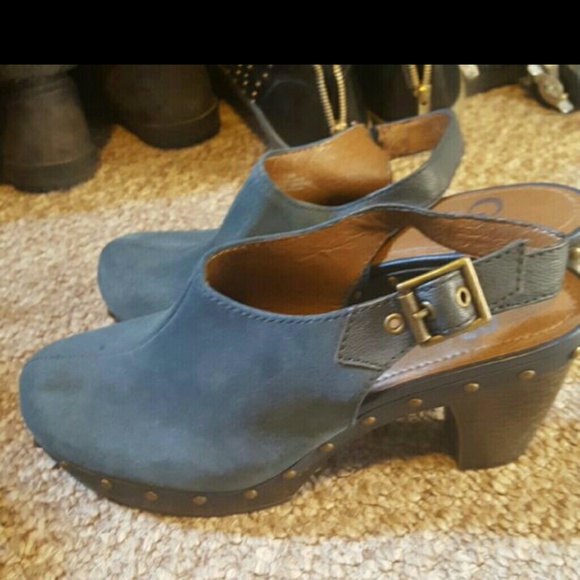 Blue suede mules