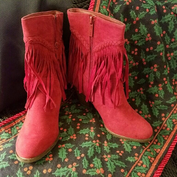 NEW Red Fringe Faux Suede Boots