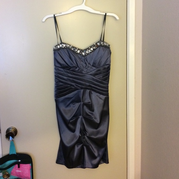 Strapless gray-purple cocktail dress w/ jewels