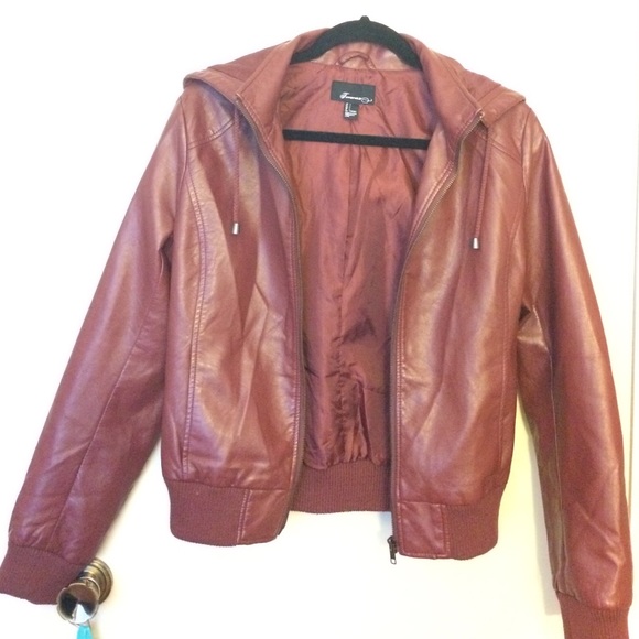 Maroon leather jacket with detachable hood