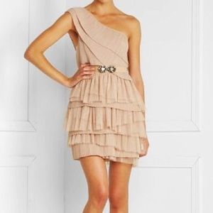 BCBG chiffon and netting ruffle dress nude