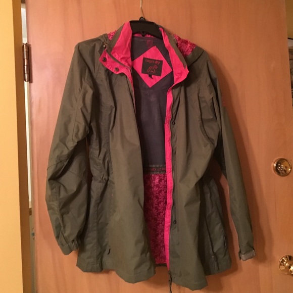Olive green utility rain jacket with drawstring