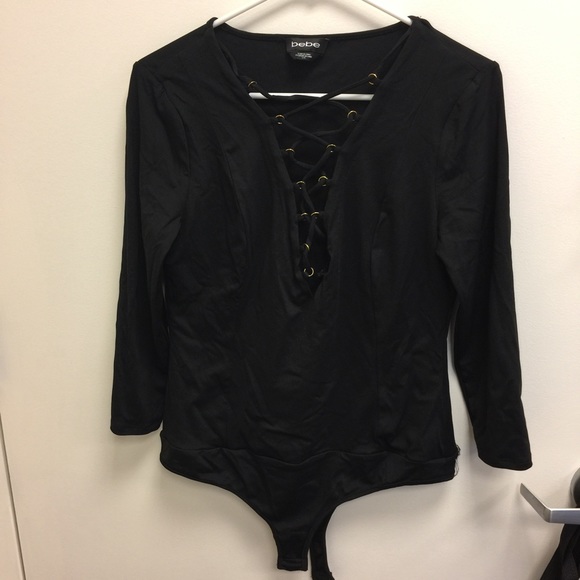 BEBE Black Long Sleeve Tie Up Body Suit Sz L - Picture 2 of 4