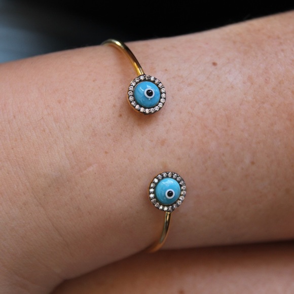 Sterling Silver Evil Eye Bangle Bracelet Trio Set - Picture 2 of 4