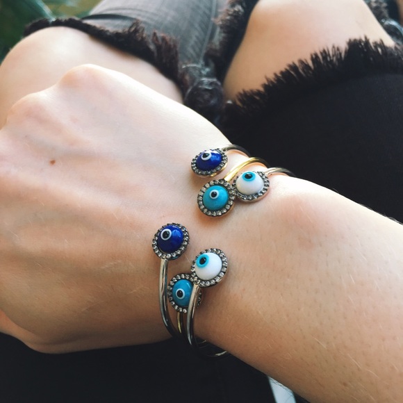 Sterling Silver Evil Eye Bangle Bracelet Trio Set - Picture 3 of 4