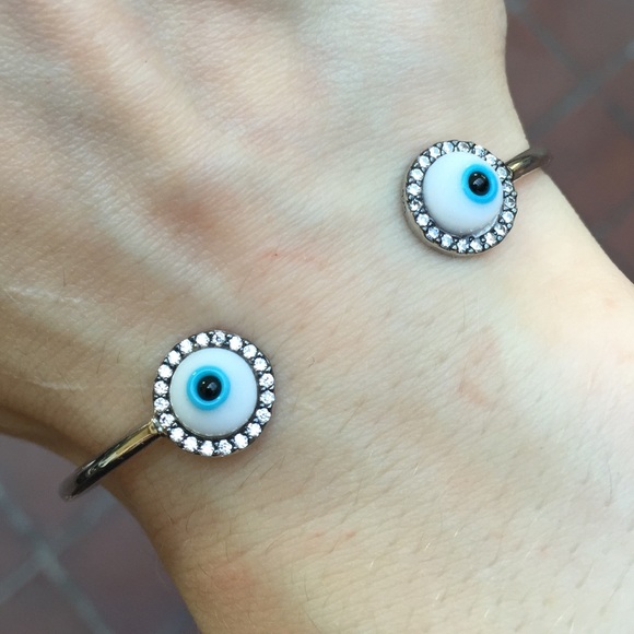 Sterling Silver Evil Eye Bangle Bracelet Trio Set - Picture 4 of 4