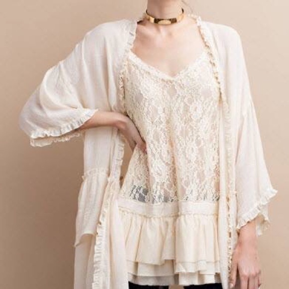 DOUBLE RUFFLED OPEN LONG CARDIGAN W/ RUFFLED CUFF