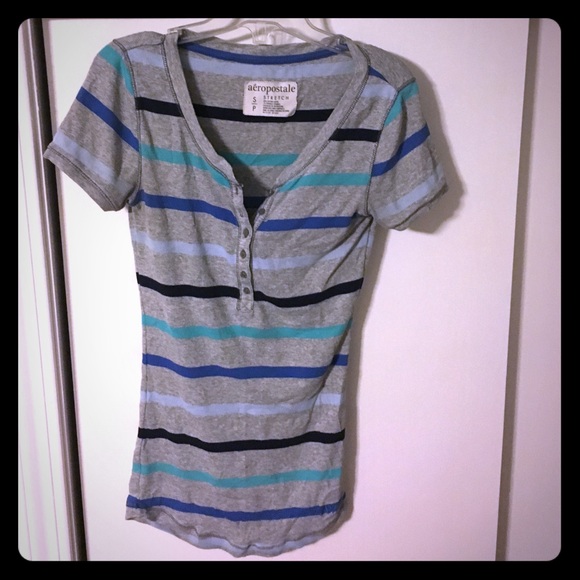Stretch Striped V neck buttons T-Shirt
