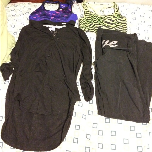 Yoga pants, sports bras, and button up blouse