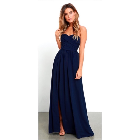 Navy Blue Strapless Maxi Dress - Picture 2 of 4