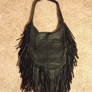 Cut N Paste Black 100% Leather Fringe Handbag