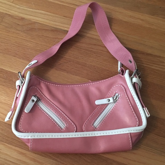 Small pink and white bowling bag style purse.