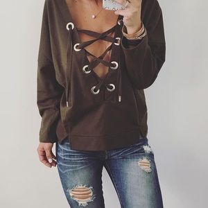 Oversized Olive Lace Up Sweater